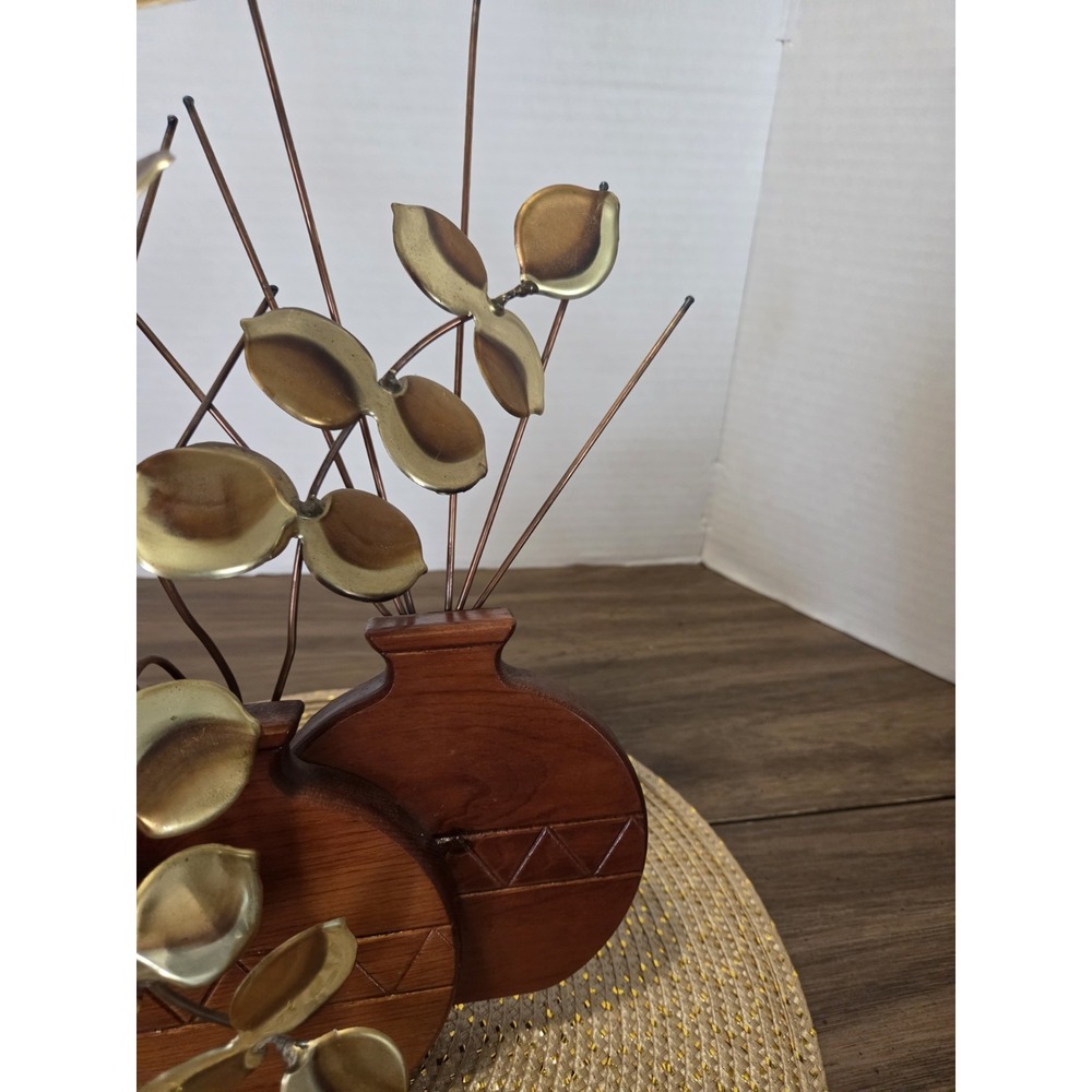 Vintage HOMCO Retro Brass Eucalyptus Leaves Sculpture Hopi Wood Planter - Picture 5 of 9